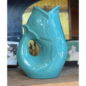 Vintage Aqua Gurgle Pot Fish Pitcher/Vase Glossy Blue Ceramic 42oz 9" MINT COND!